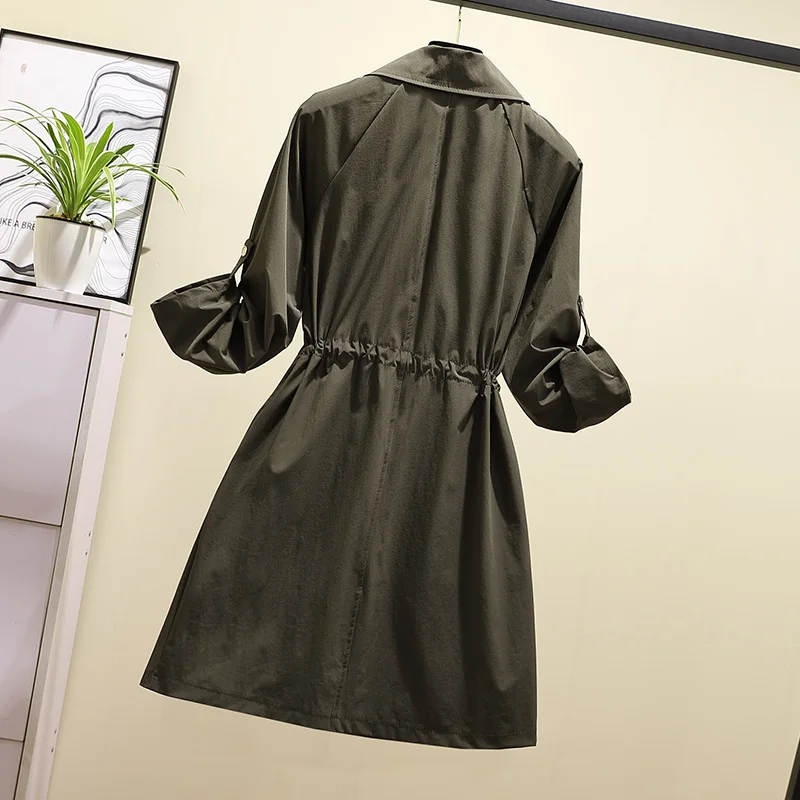 XL-4XL цвета хаки свободные длинные пальто для женщин осень двубортный тонкий пояс плюс размер ветровка верхняя одежда Femme