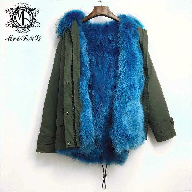 long puffer jacket Army-green raccoon fur collar 2019 new arrival parka real peacock blue fox fur women winter slim jacket down coats