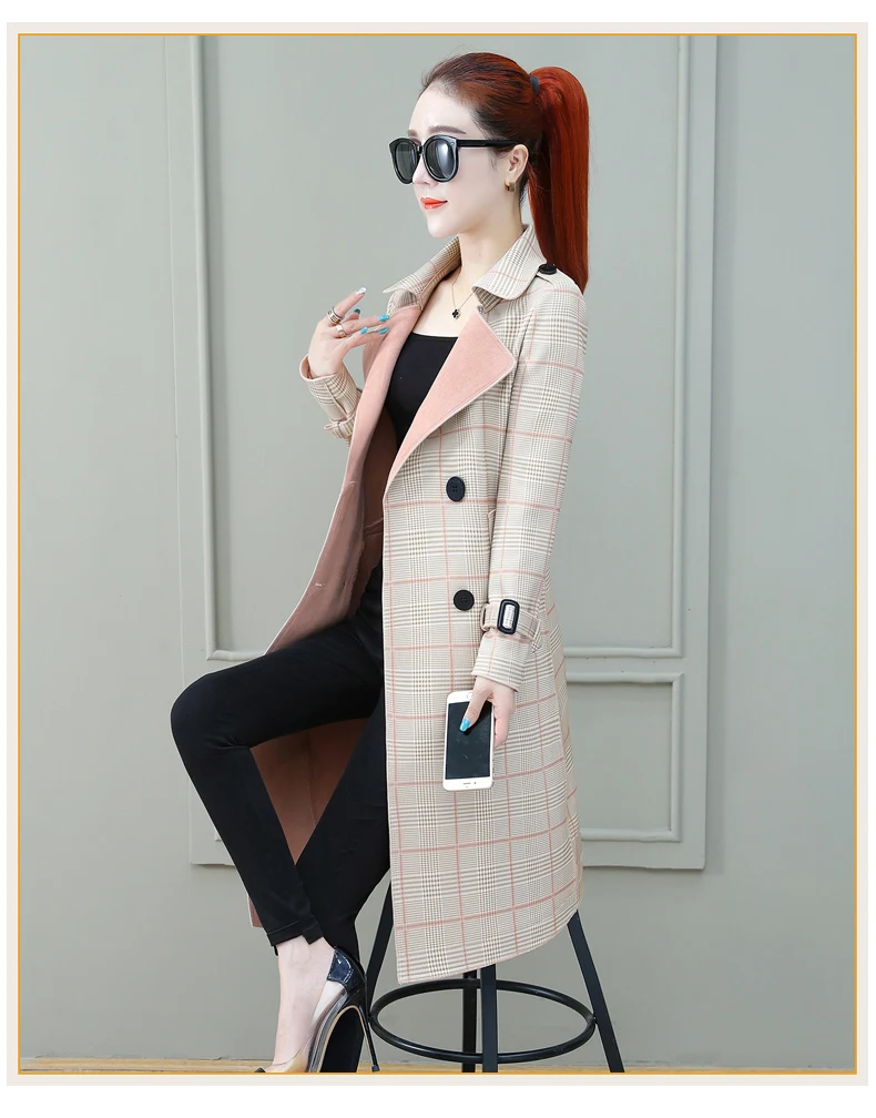Autumn deer velvet plaid jacket female was thin spring fashion windbreaker coat ladies medium long windbreaker women's jackets