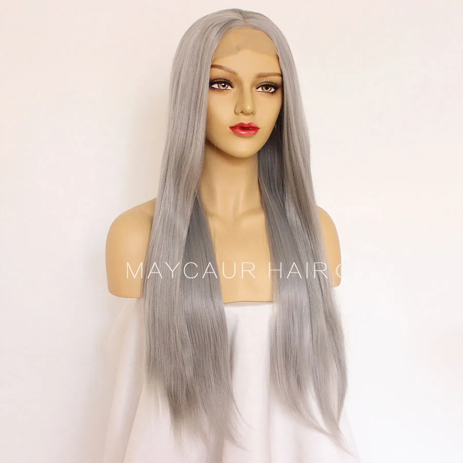 Maycaur Grey Long Straight Synthetic Lace Front Wigs Heat Resistant Natural Hair Wigs For Black Women (2)