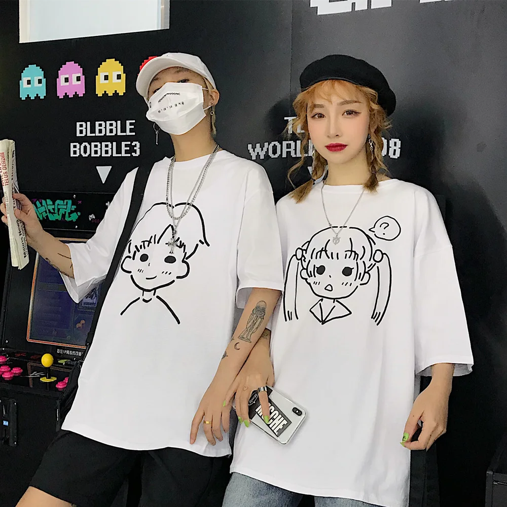 Футболка с принтом из мультфильма Женская и мужская Harajuku, пара топов, летняя футболка, Корейская одежда больших размеров, рубашка с короткими рукавами и круглым вырезом V693