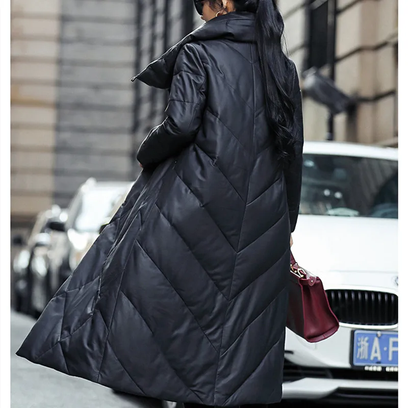 Women's Genuine Leather Down Coat, Full Long Sheepskin Jacket, Warm Outwear, Large Size Parkas, Lady Thick Overcoats, Winter