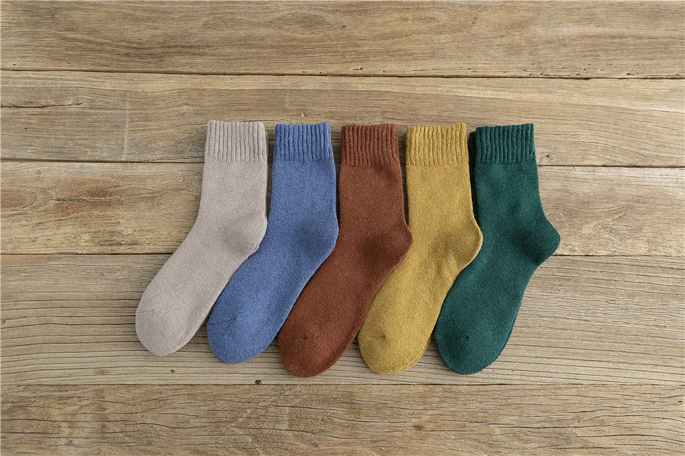 5 пар, одноцветные теплые носки для зимы, женские махровые утолщенные средние милые носки для женщин 102603