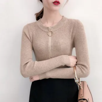

ETOSELL Women Zipper Long Sleeve Sweaters Slim Bottoming Tops Autumn Casual Round Neck Sweater