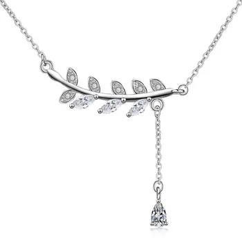 

Women's 925 Sterling Silver Leaf Pendant Clavicle Chain Girls Crystal Necklace Collares Jewelry