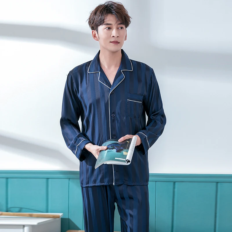 Summer Mens Satin Pyjamas Set Home Clothes 2PCS Pojama Long Sleeve Men's Sleepwear PJ With Button Red Solid Loungewear Pajamas