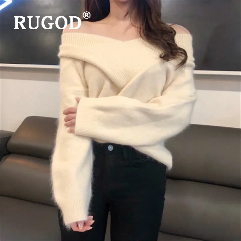 RUGOD Autumn Winter New Style Chic Off-shoulder Solid Color Knitted Sweater Fuzzy Pullover Women Kpop Clothes Fashion 2019 | Женская