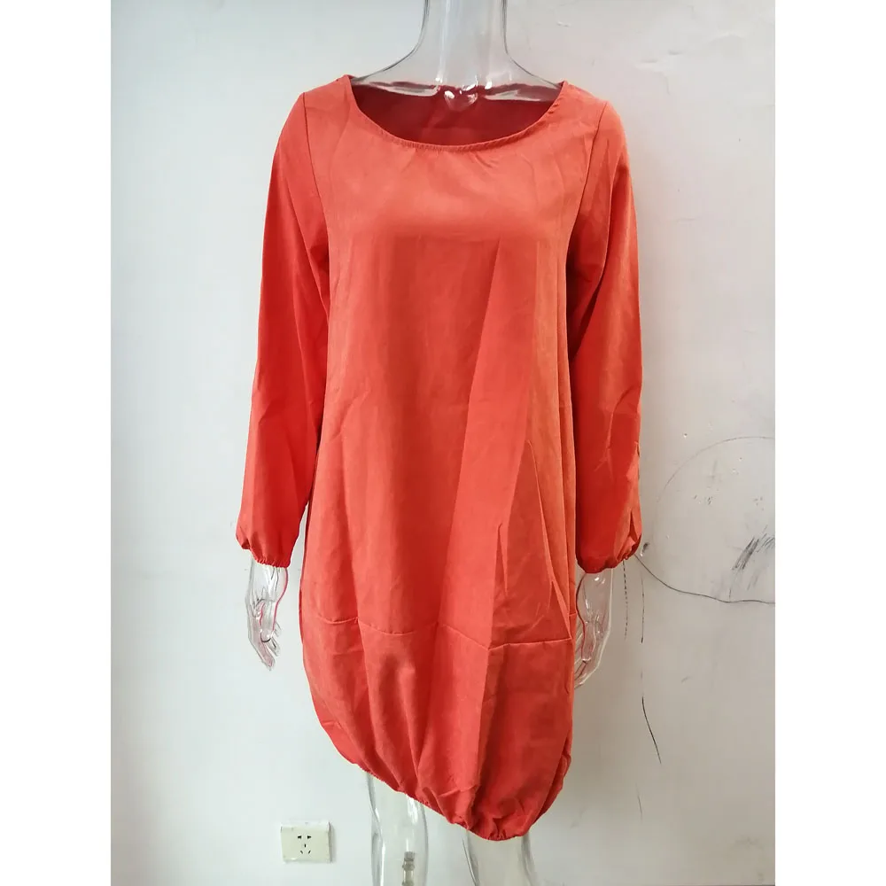 Свободное мини-платье с длинным рукавом для женщин, большие размеры, повседневные платья с круглым вырезом и карманом, Женская оранжевая уличная одежда, винтажные платья