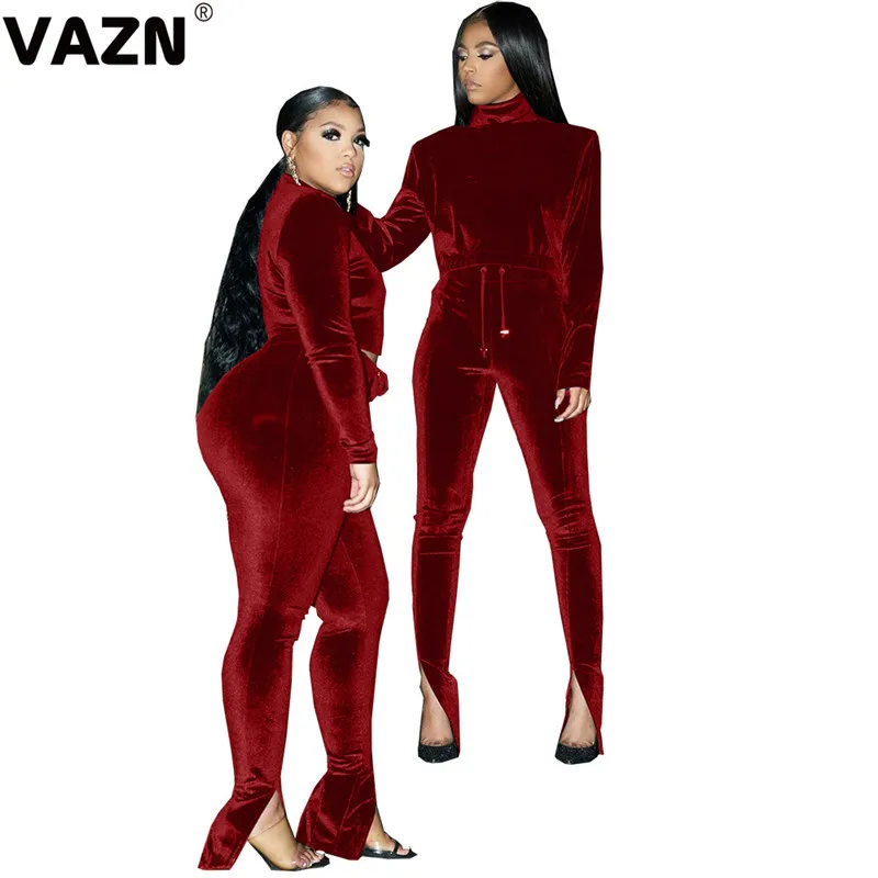 Бургундия VAZN Formal Style Spring New Tide Sport Hood-neck 2 Pieces Casual Women Set Full Sleeve Full Length Bodycon Women Set - Цвет: Бургундия