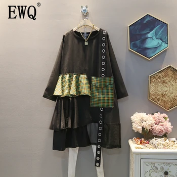

[EWQ] 2020 Spring Season New Pattern Round Collar Long Sleeve Hit Colors Asymmetrcial Patchwork Pullovers Casual Dress AK51101
