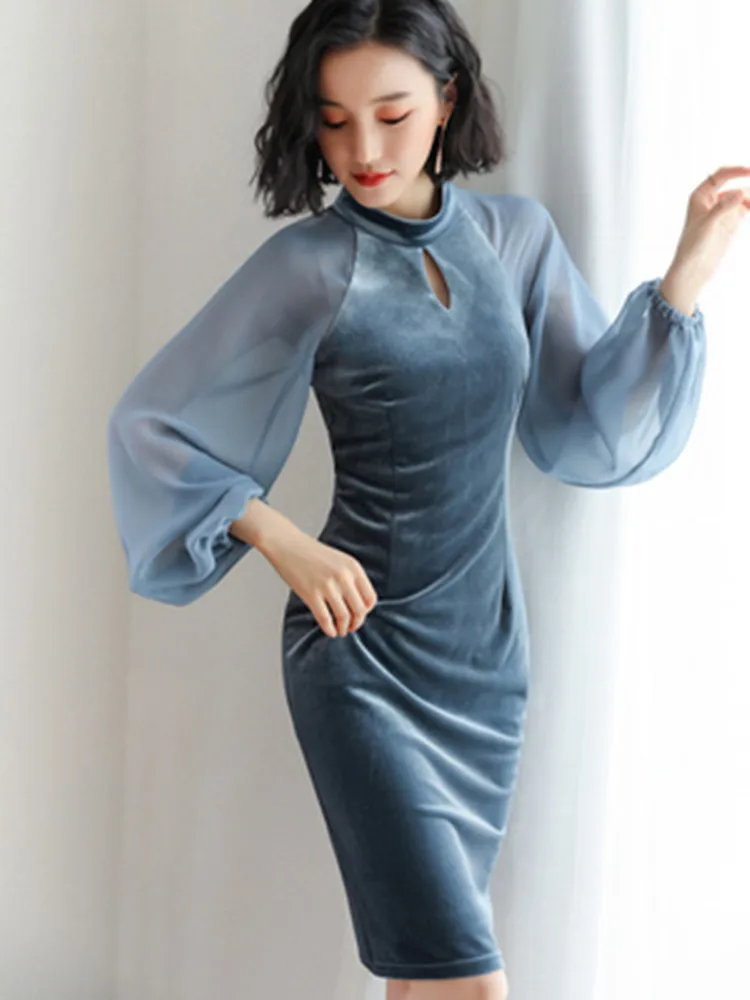 Винтажное вельветовое платье, шифоновый чонсам, женская осенняя одежда с высокой талией, в стиле пэчворк, шифоновое платье с рукавами-фонариками, китайское платье для вечеринок - Цвет: Синий