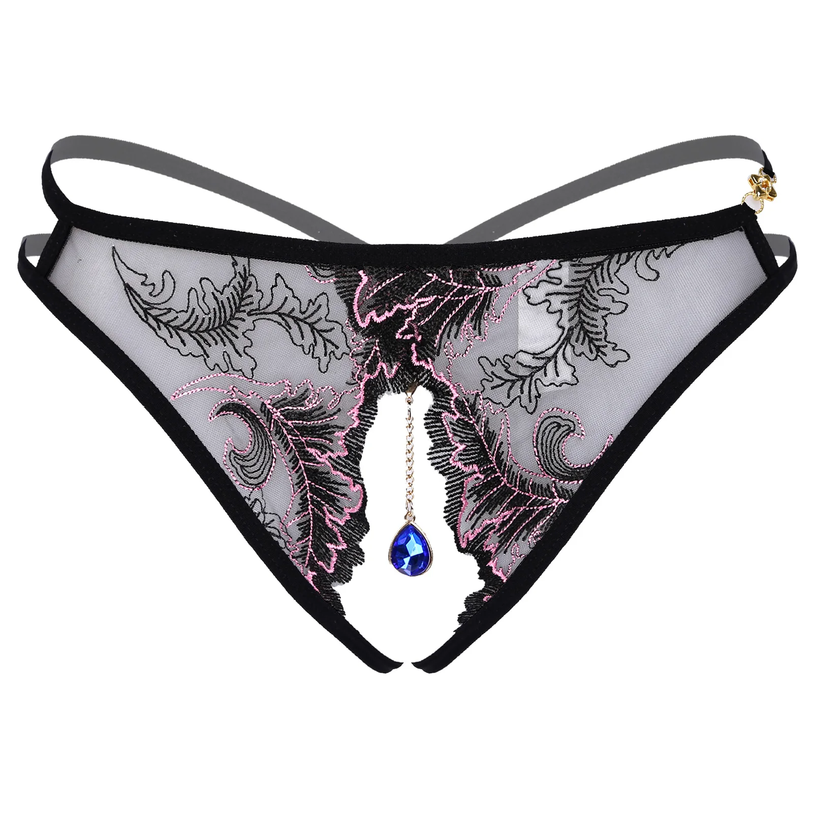 Men's Panties Rhinestone Pendant Flower Embroidery Thongs Sissy Underpants Crotchless G-string Open Butt Briefs Gay Underwear