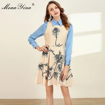 

MoaaYina Fashion Designer Set Spring Summer Women Long sleeve Shirt Tops+Floral-Print Cotton and linen dress Two-piece set