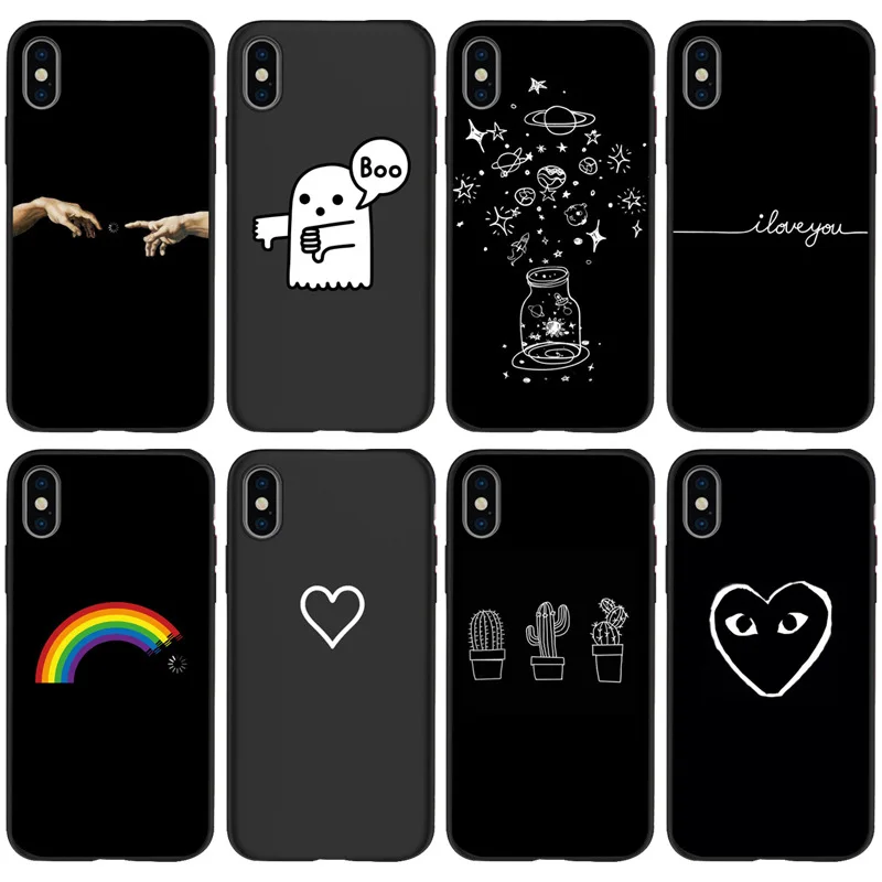 

Black With White Moon Stars Phone Cases For iP 7 6s 8 Plus XR For ip 11 Pro Max X XS case Heart Soft Back Cover