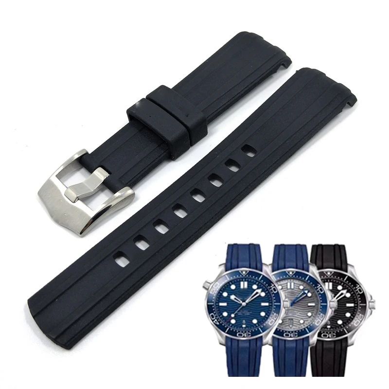 

20mm Curved End Rubber Watch Strap for Omega Seamaster 300m Waterproof Diver Commander 007 Black Blue Watchbands Belt Bracelets