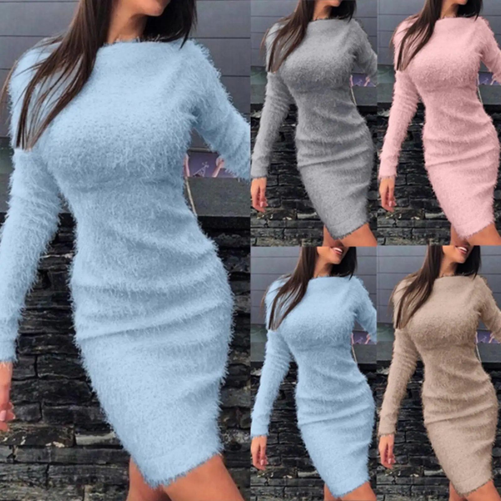 Women Autumn Fashion Dress Solid Color Long Sleeve Sweater Fluffy Kee-length Bodycon Dress Plus Size 3XL Warm Clothes For Female
