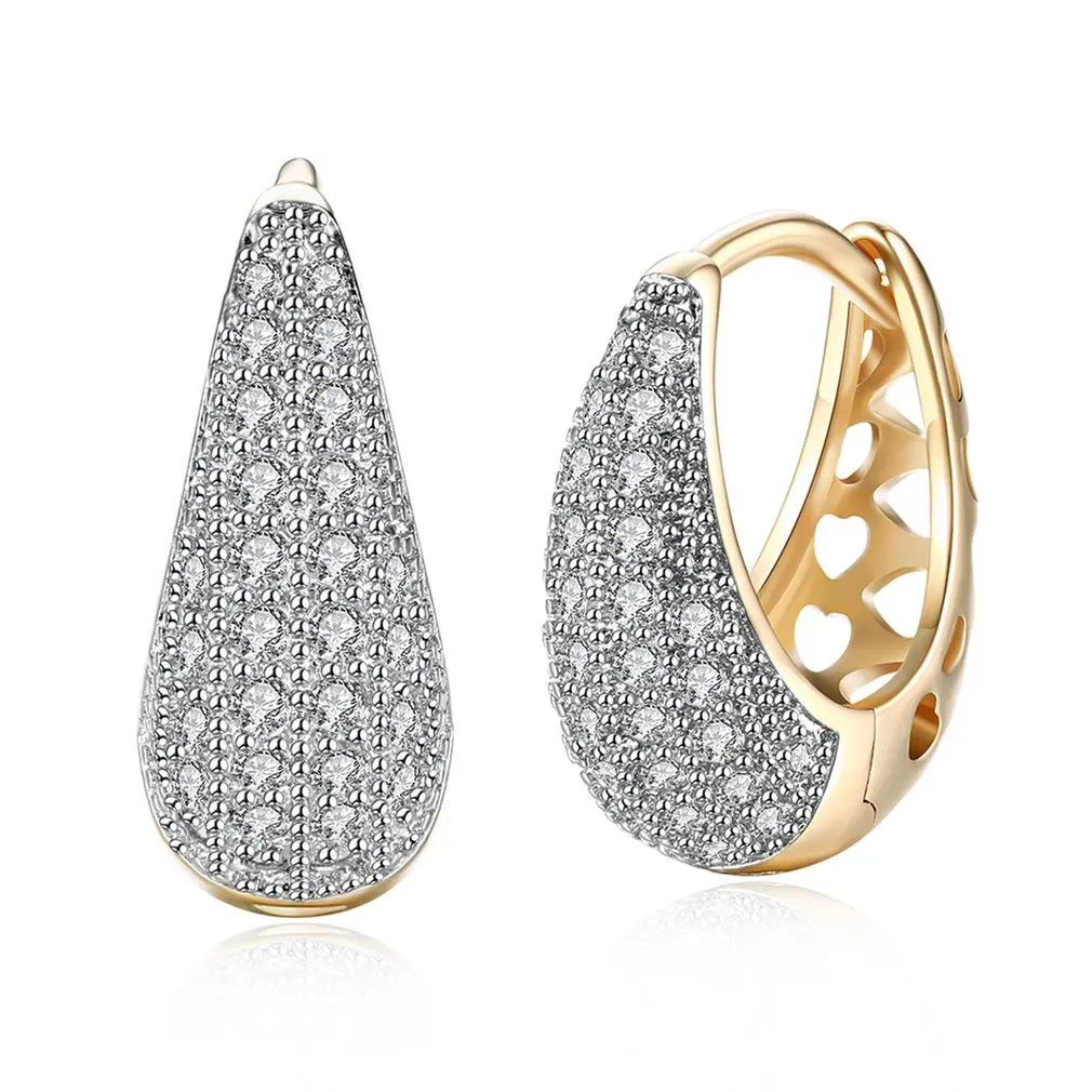 

Water Drop Shape Romantic Female Earrings Champagne Gold Color Ear Clip Clear Cubic Zirconia Earrings with White Rhinestones
