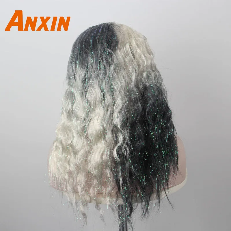 Anxin длинный кудрявый современный Новое поступление половина черно белый Омбре