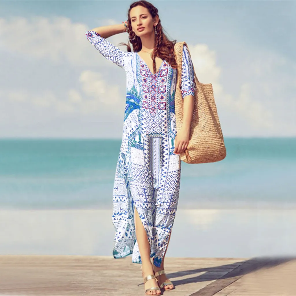 New Women Loose V Neck Dolman Sleeve Print Casual Beach Dress Bathing Suit Cover Up Wrap Beachwear Long Cover-Ups |