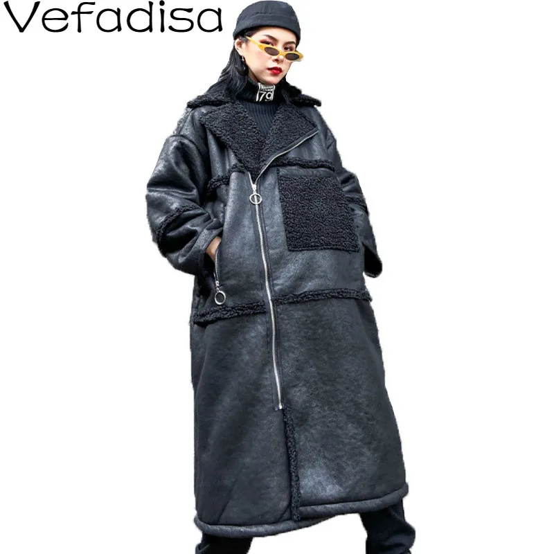 Vefadisa Женское пальто из овечьей шерсти, однотонная зимняя плотная верхняя одежда на молнии с карманами, женский плащ свободного кроя черного цвета QYF1293