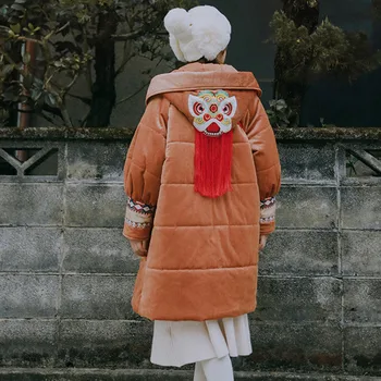 

Original Design AIGYPTOS Winter Women Wadded Jacket Causal Loose Tiger Embroidery Tassel Warm Hooded Coarse Corduroy Parka Coat