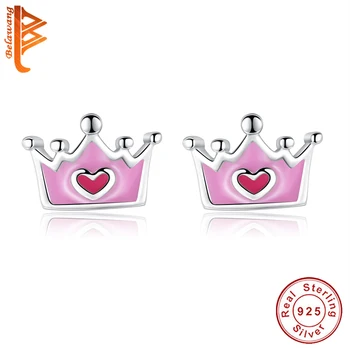 

Solid 925 Sterling Silver Crown Stud Earrings Pink Enamel Small Heart Earrings for Women Girls Kids Fashion Jewelry