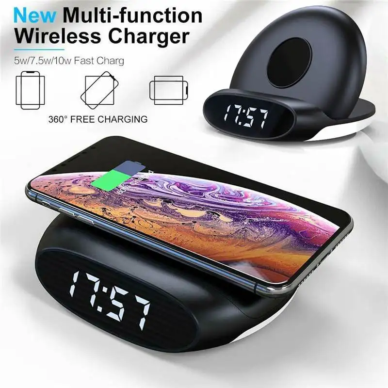 

6 in 1 Wireless Charger Foldable Digital Alarm Clock Desktop Universal Multi USB Mobile Phone Charger Adapter Charging Pad