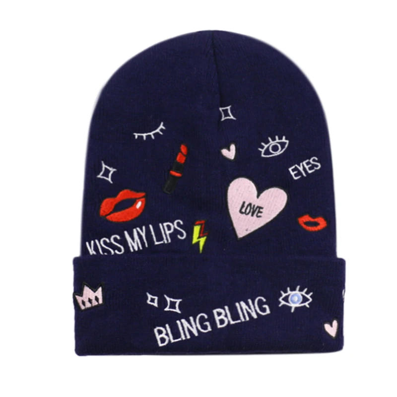 FOXMOTHER Корея Зима Белый Розовый Bling губная помада вышивка Beanie женская шапка женская вязаная Лыжная Шапка Gorros