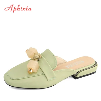 

Aphixta Luxury Metal Square Heels Mulers Women Slippers Shoes Gemstone Fringe Square Heel Tassel Mujer Slides Plus Big Size43