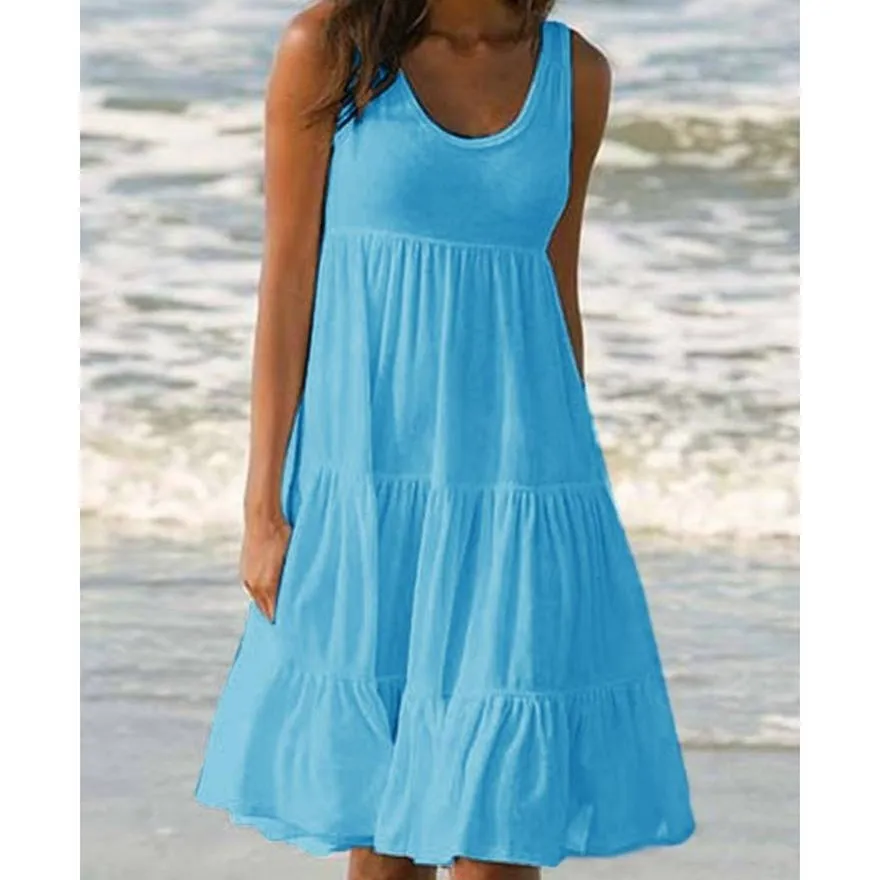 Vrouwen Solid Mouwloze Zomer Jurk O-hals Effen Kant Ruche Strand Vakantie Feestjurk Casual Knie Lengte Jurk Vrouwen Solid Mouwloze Zomer Jurk O-hals Effen Kant Ruche Strand Vakantie Feestjurk Casual Knie Lengte Jurk