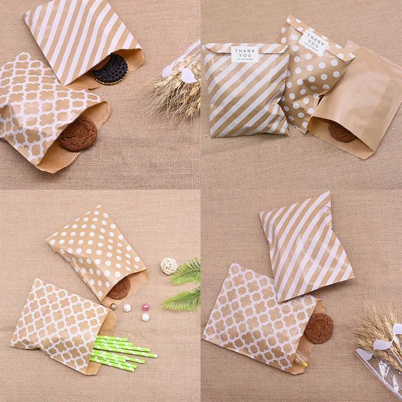 

25/50pcs Kraft Paper Bags Waves Dot Stripe Candy Cookie Gift Bag for Wedding Birthday Party Gift Bags Decoration Supplies