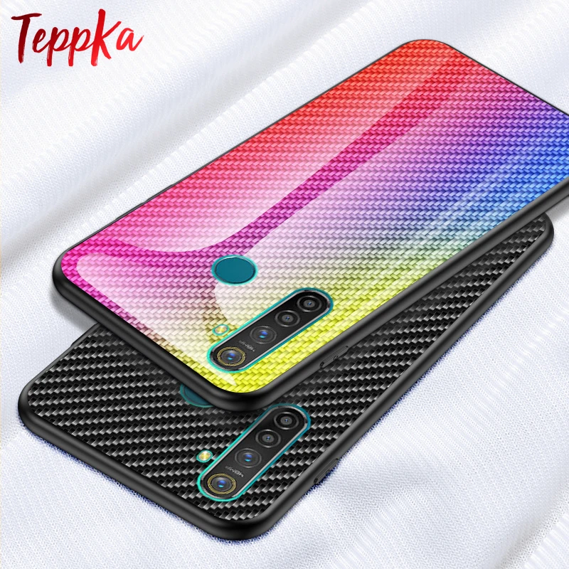 

TeppKa Case For Realme Q Case Carbon fiber texture Glass Hybrid Soft Silicone Cover For OPPO Realme Q Case