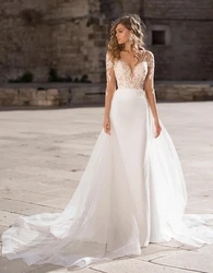 Long Sleeve Lace Mermaid Wedding Dresses V-Neck Sweep Train Bridal Gowns Satin And Tulle Custom Made Vestido De Noiva