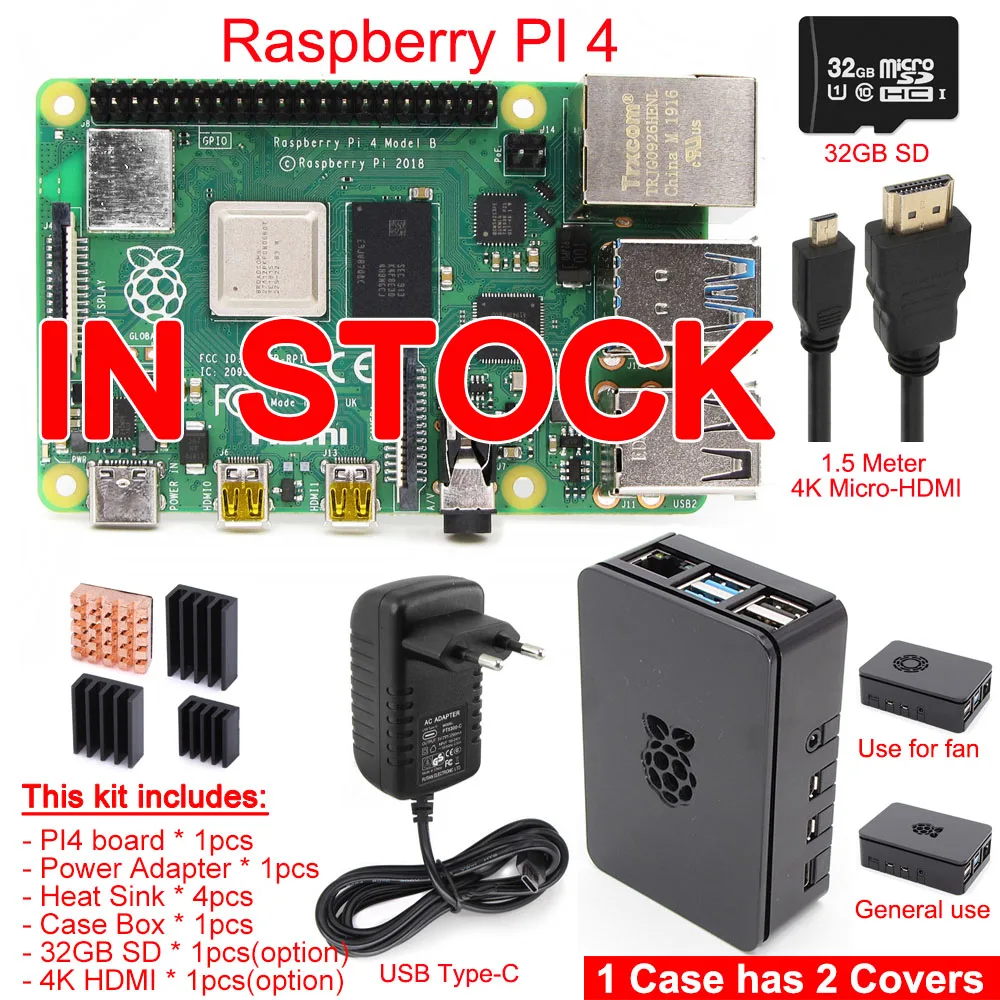 Оригинальная модель Raspberry Pi 4B PI 4B 1 ГБ/2 ГБ/4 Гб комплект: плата+ теплоотвод+ адаптер питания+ чехол+ 32 Гб SD+ HDMI кабель