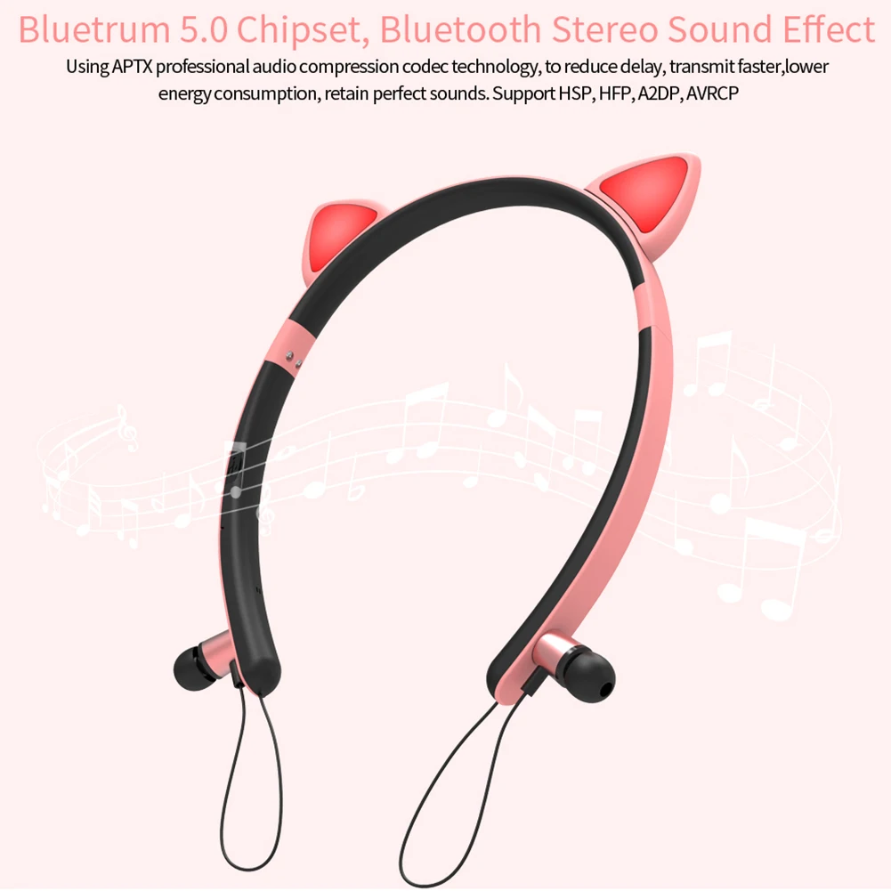 Розовый Светильник для улицы, Hi-Fi, Bluetooth гарнитура, модный, игровой, спортивный, музыкальный, кошачий, беспроводной, портативный, с микрофоном, светодиодный светильник, светящийся - Цвет: Розовый