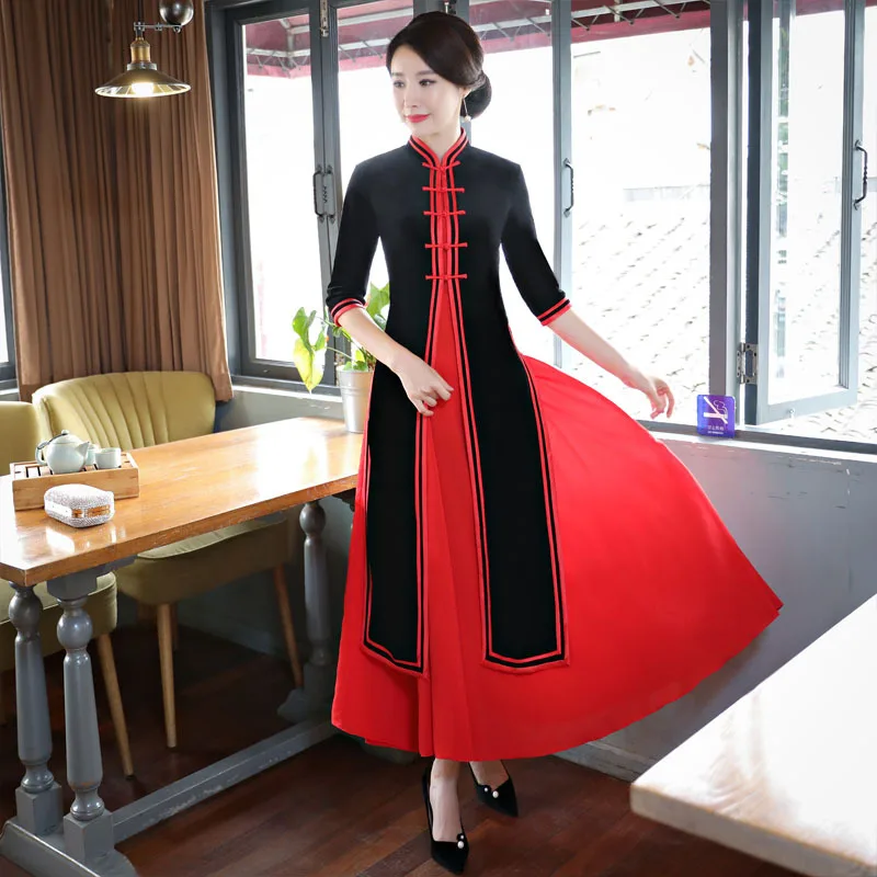 Черный красный ретро Двухсекционный Китайский традиционный cheongsam женский Улучшенный элегантный cheongsam Высокое качество платье плюс размер