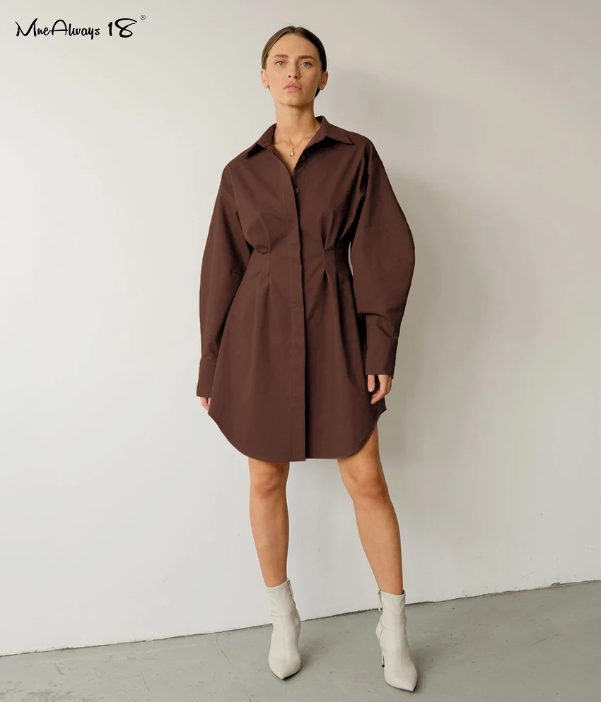 Mnealways18 Spring Summer Bodycon Dress Women Khaki Long Sleeve Pleated Shirt Dress Office Ladies Solid Lapel Casual Mini Dresss zara dresses