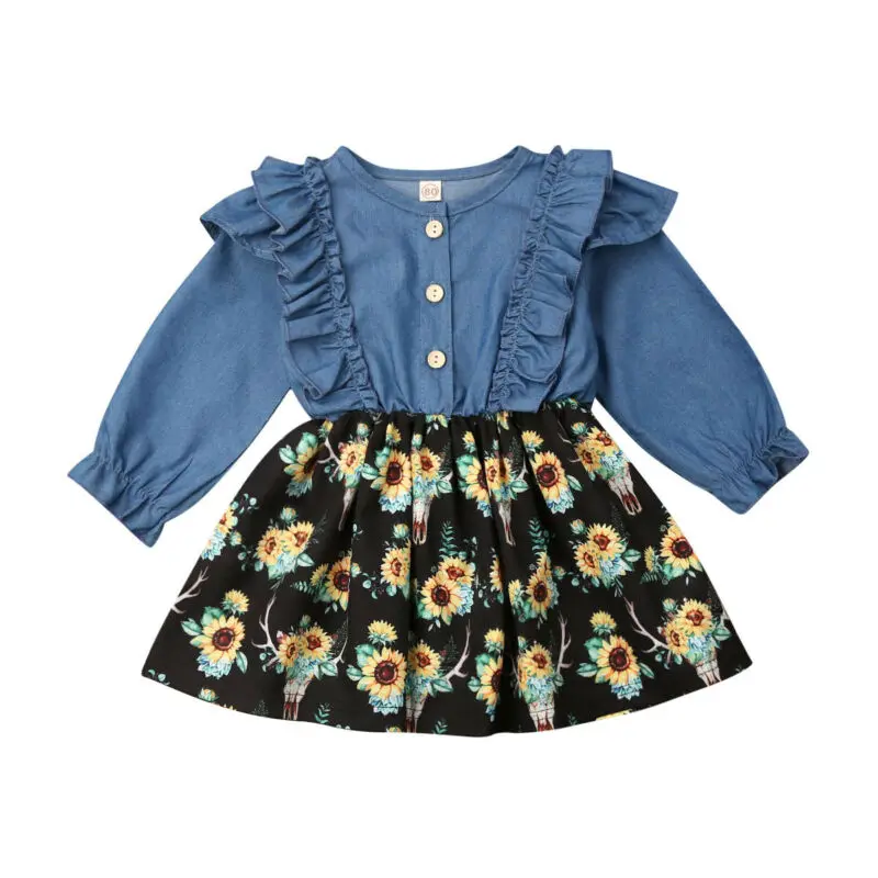

6M-4Years Toddler Newborn Baby Girls Flower Dress Long Sleeve Ruffles Denim Dresses For Baby Girls Autumn Spring Costumes