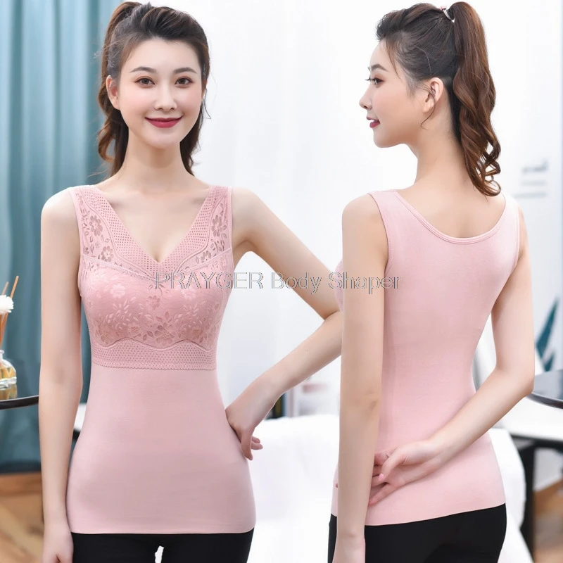 Women Thermal Warm Underwear Padded Vest Winter Tops Velvet Bra Lifter Shirt Sleeveless Elastic V Neck