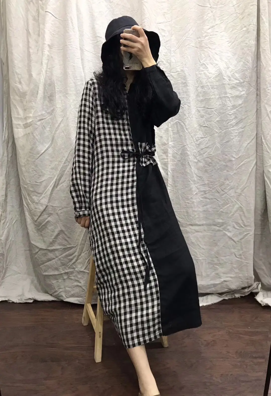

2020 Spring New Style Flax Contrast Color Joint Elegant Long Skirts Versatile Plaid Dress Women's