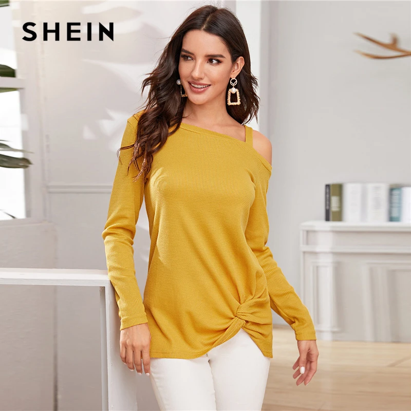 Cena SHEIN żółty asymetryczny dekolt Twist Hem swobodny sweter kobiety odzież streetwear na jesień i zimę z długim rękawem solidne damskie swetry w stylu casual