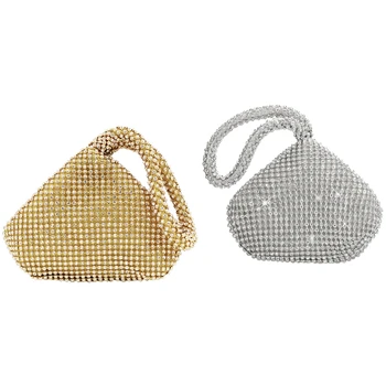 

New 2 Pcs Womens Fashion Full Drill Triangle-Evening Bags, Silver & Gold