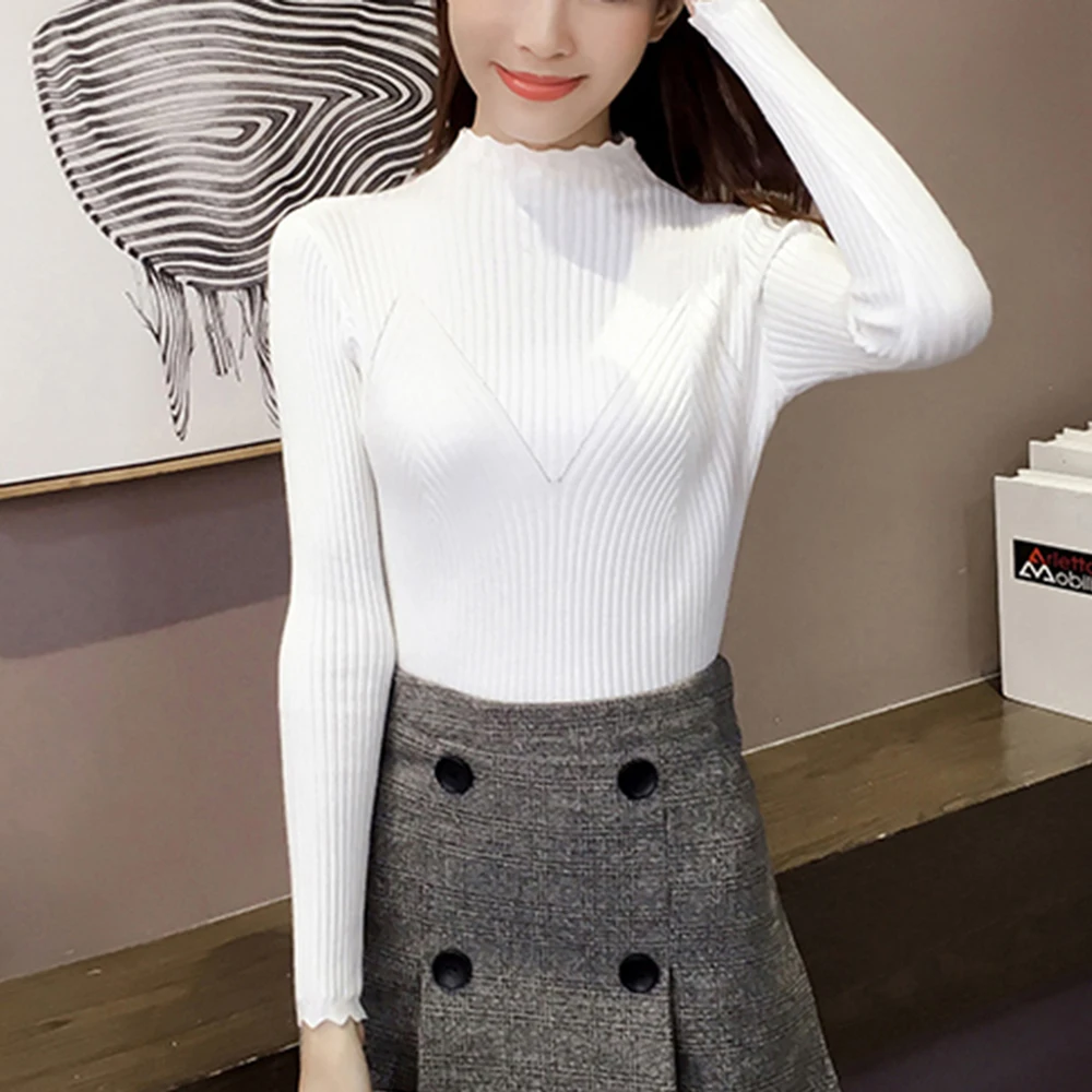 

Puimentiua 2019 Autumn Winter Women Slim Fitting Sweater Long Sleeved Knitting Pullover Triangular Cut Collar Jumper Pull Femme