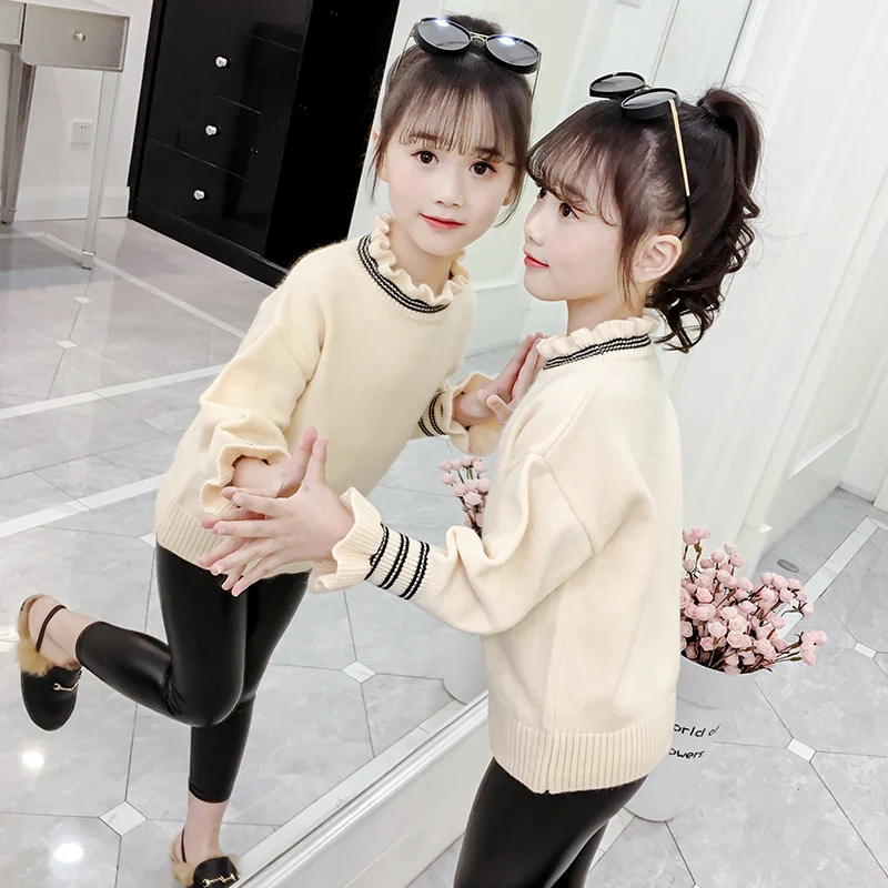 

Girls Fashion Lantern Sleeve Knitted Sweaters 2019 New Foreign Trade Children's Ruffles Collar Pullovers Kids Cute Knitwear P278