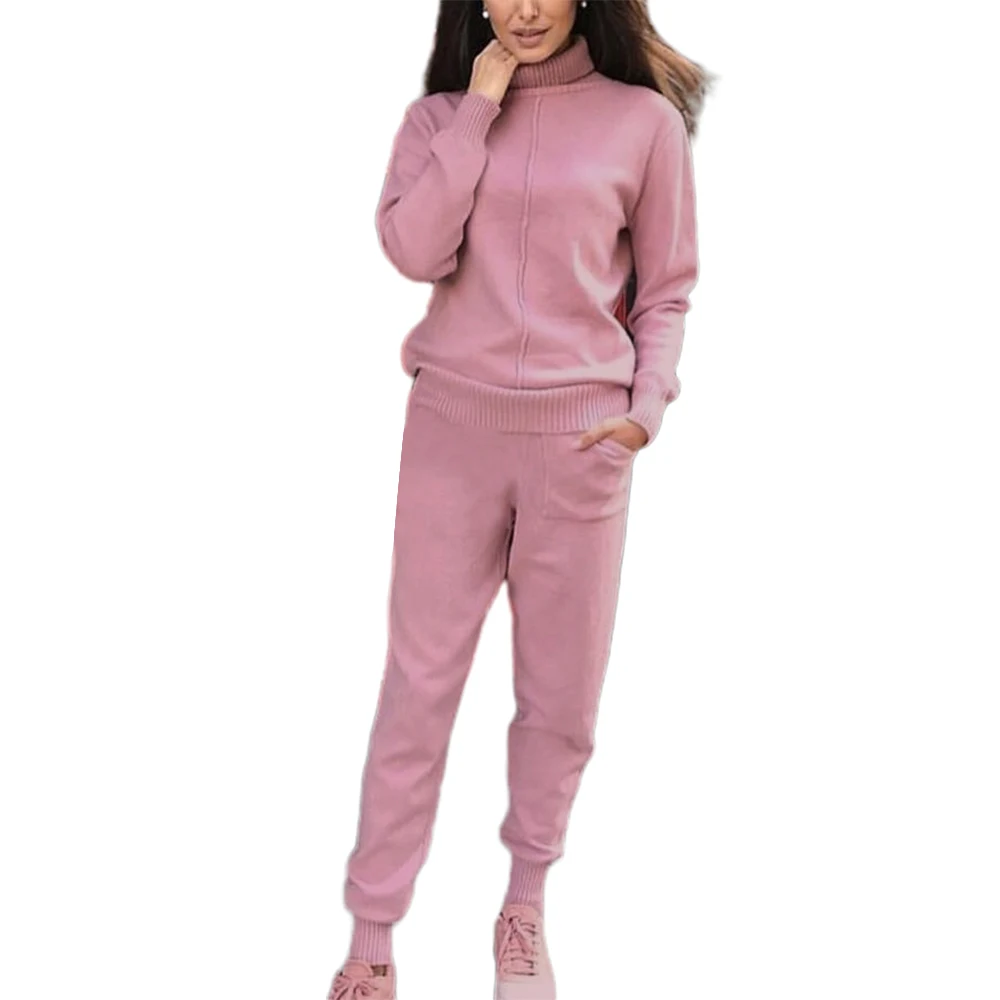 Осенне-зимний вязаный спортивный костюм с воротником «хомут» для женщин, повседневные трикотажные брюки, свитер с высоким воротником, женский костюм, теплые женские треки - Цвет: Розовый