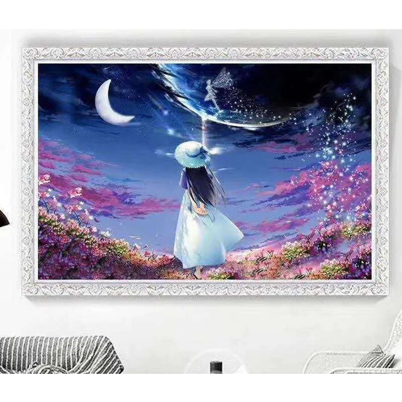 Алмазная вышивка мозаика крестиком полная Подростковая девушка под лунным