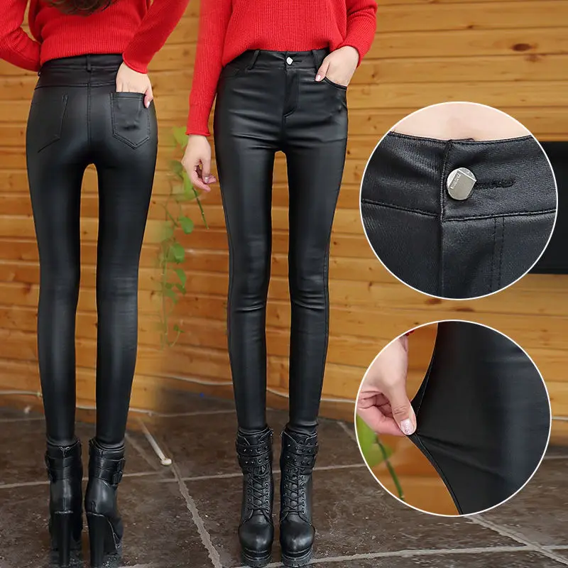 

Matte Leather Pants Female 2020 Thin Fall Leggings High-Waisted Elastic Frosted Velvet Skinny Leather Pants Women Streetwear