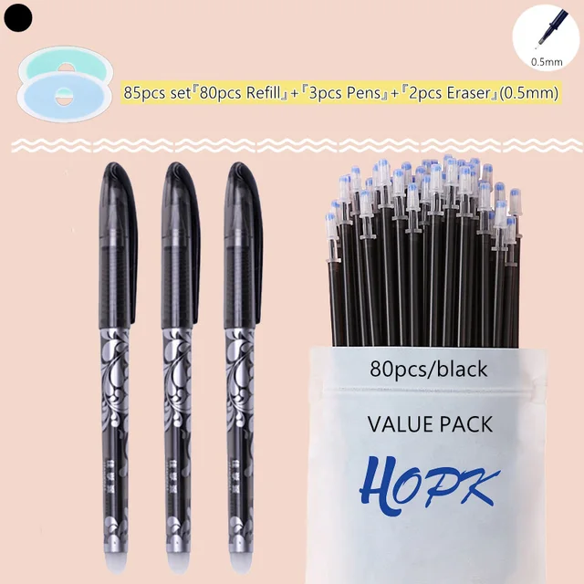 85Pcs/Set Blue Black Ink Gel Pen 0.5mm Erasable Refill Rod Erasable Pen Washable Handle School Writing Kawaii Stationery Gel Pen 0.5mm Black set A