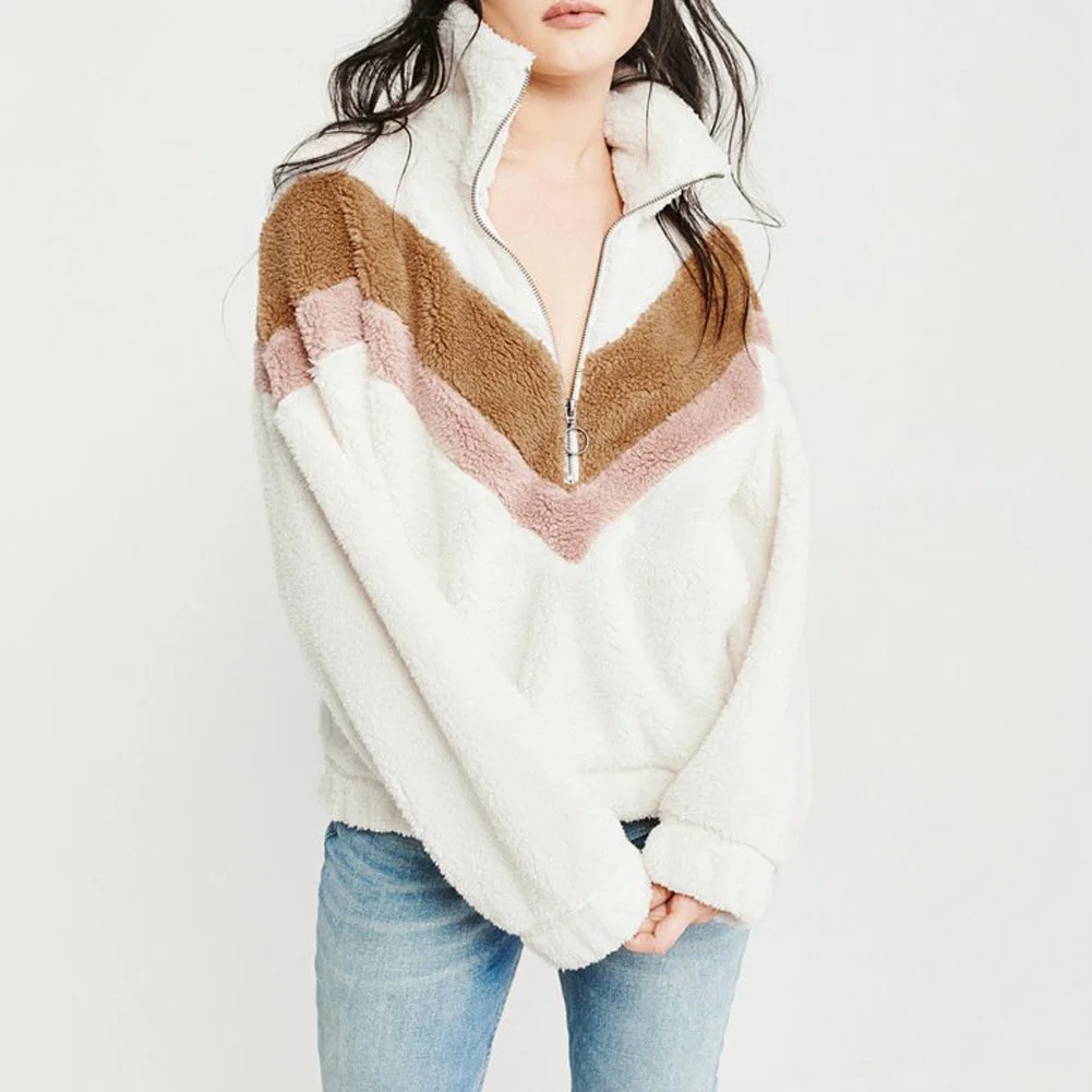 

Women Winter Thicken Warm Zippers Short Casual Jacket Autumn and Winter Fashion Stitching Pocket Zipper Blouse Fleece Oct7