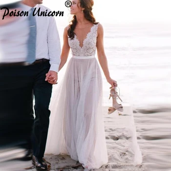 

New arrival 2020 Summer Beach A-Line Wedding Dresses Illusion Bodice Lace Scoop Neck Covered Buttons Back Boho Bridal Gowns